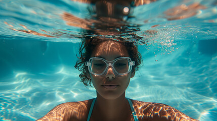 A close-up of a young woman in a bikini serenely waiting underwater with goggles in a pool - obrazy, fototapety, plakaty