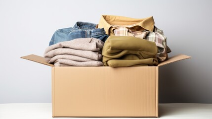 Helping hands: Hands hold a cardboard box with clothes, symbolizing charity and generosity
