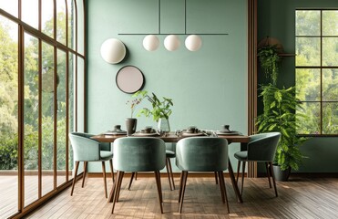a dining room decorated with light green walls and furniture