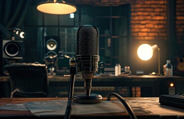 a microphone sits on a desk in a recording studio