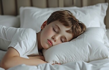 a small boy sleeping on a white pillow