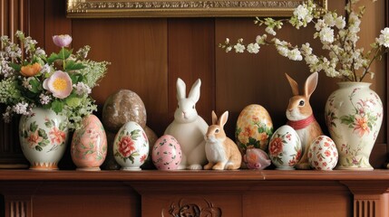 Obraz na płótnie Canvas A fireplace mantel adorned with Easter-themed decor