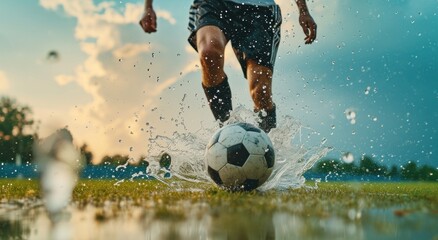 athlete playing soccer with water on a ball