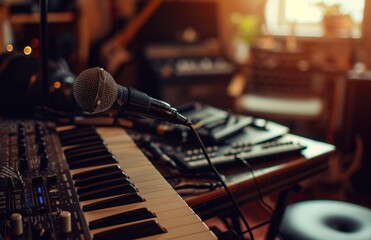 a desk with a microphone and keyboard