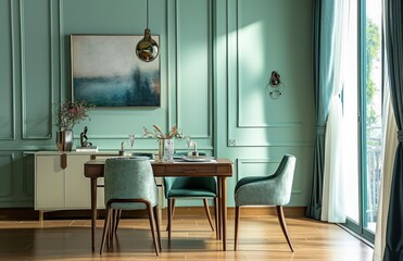 a dining room decorated with light green walls and furniture