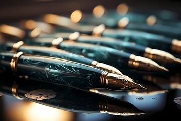 Close-up of a row of elegant fountain pens, creating an aesthetically pleasing frame on a subtle blue-gray background