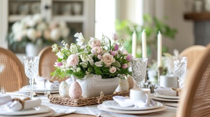 Fototapeta premium Elegant Easter Table Setting with Fresh Florals and Seasonal Centerpiece