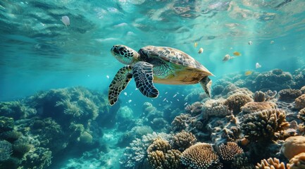 Naklejka na ściany i meble a turtle swimming in the ocean surrounded by coral reefs