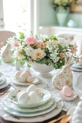 Obraz na płótnie Canvas Elegant Easter Table Setting with Fresh Florals and Seasonal Centerpiece