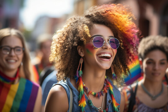 A diverse group of young activists participating in an LGBTQ+ pride parade, symbolizing the inclusivity and diversity embraced by modern youth.