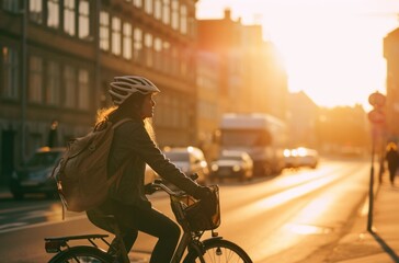 female cyclist riding a bike on city street during sunrise