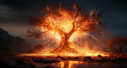 The burning magical tree, a world of fantasy and magic, generative AI