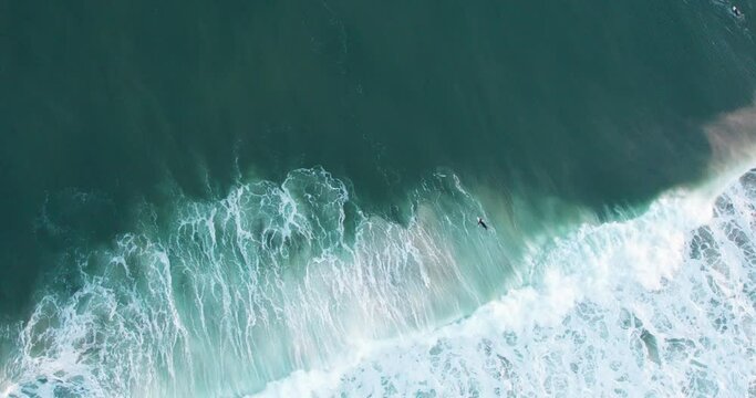 Aerial view of a surfer filtering a wave. The atlantic sea is blue while the wave breaks and jumps a lot of foam.