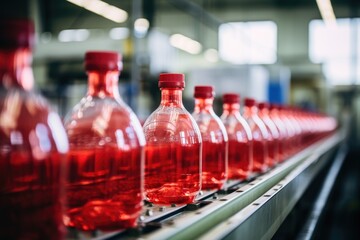 Bottling Plant Production Line with Red Glass Bottles