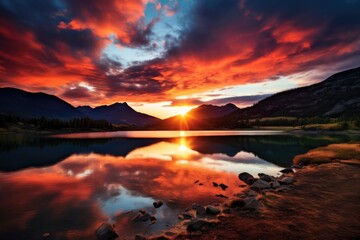 Fototapeta na wymiar Beautiful sunset over mountain lake