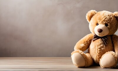 Brown teddy bear with  bow on bokeh gray background. Copy space. Valentine's Day, birthday, or baby shower greeting card	