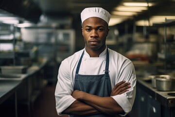 Portrait of a young male black chef in commercial kitchen