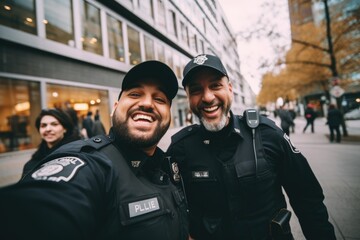 Fototapeta premium Smiling police officers taking a selfie in the city