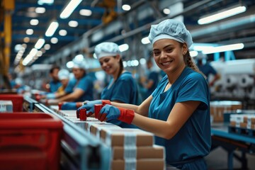 Smiling young workers packaging products at factory