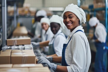 Smiling young workers packaging products at factory - Powered by Adobe