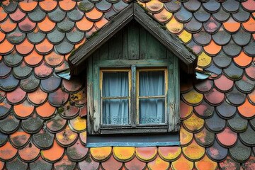 Attic Window on a Weathered Tiled Roof with Moss