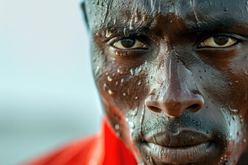 Close-up of a Focused Male Athlete with Intense Eyes and Sweat on Face