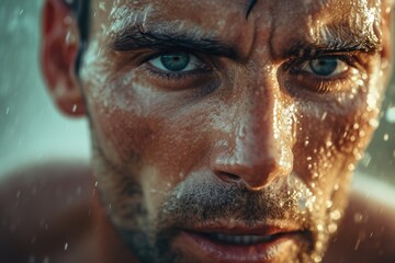 Close-up of a Focused Male Athlete with Intense Eyes and Sweat on Face