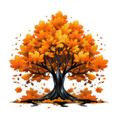 single maple tree, orange leaves, vibrant colors, t-shirt design, isolated on white