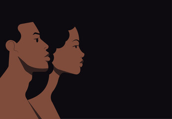 Profile portraits of a black woman and black man standing side by side. African American people head and shoulders side view portraits. Horizontal banner with dark background.