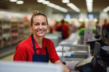 Portrait of a young cashier working in grocery store - obrazy, fototapety, plakaty