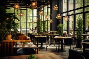 Stylish cafe interior with green plants and natural light