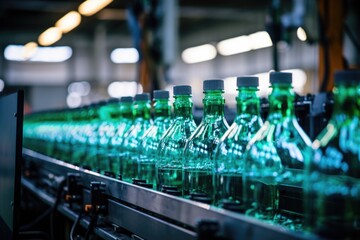 Bottling Plant Production Line with Green Glass Bottles - obrazy, fototapety, plakaty