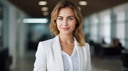 Fototapeta premium Successful Young Beautiful White Business Woman with Blonde Hair in Office