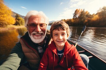 Smiling grandfather and grandson taking selfie on boat in river
