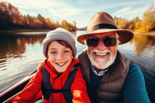 Smiling Grandfather And Grandson Taking Selfie On Boat In River