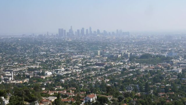 View of downtown LA from Griffith Observatory. Smog in the air.