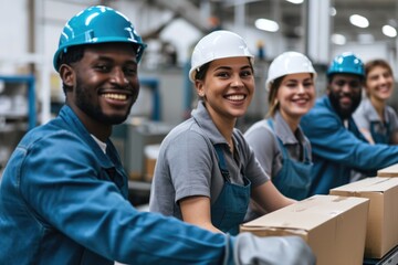 Smiling young workers packaging products at factory