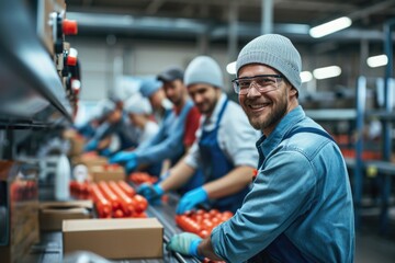 Fototapeta premium Smiling young workers packaging products at factory