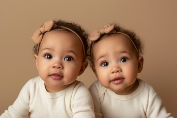 Cute African American identical twin toddlers against a pastel brown background