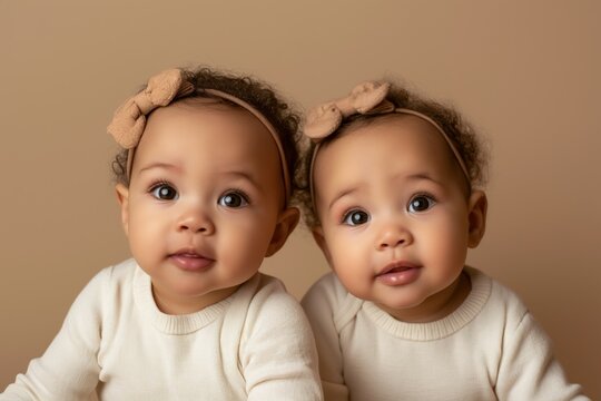 Cute African American identical twin toddlers against a pastel brown background