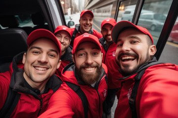 Smiling group of delivery drivers taking a selfie