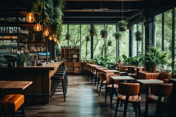 Fototapeta premium Stylish cafe interior with green plants and natural light