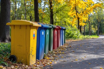 Fototapeta na wymiar Different color recycle bins in city park
