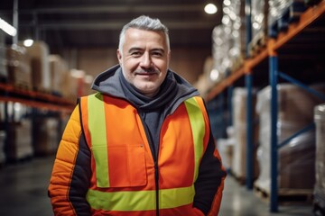 Smiling male warehouse worker in high visibility vest