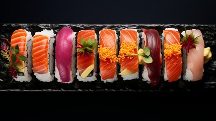 Beautifully arranged sushi rolls, highlighting the vibrant colors, textures, and precision in presentation
