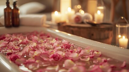 Obraz na płótnie Canvas Rose-petal-filled Tub, Candles, and Aromatic Essential Oils