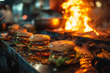 Process of cooking an order in kitchen of fast food restaurant. Chef prepares meat cutlet burgers. Take away food - obrazy, fototapety, plakaty