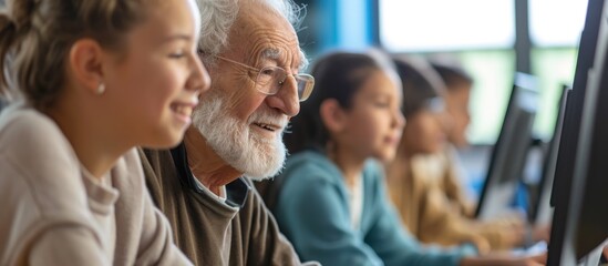 Elderly and young students in computer class.