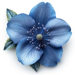 A close up of a blue flower on a white surface