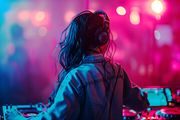 DJ standing her back and performing in a nightclub. Young woman mixing dance music at turntables in...